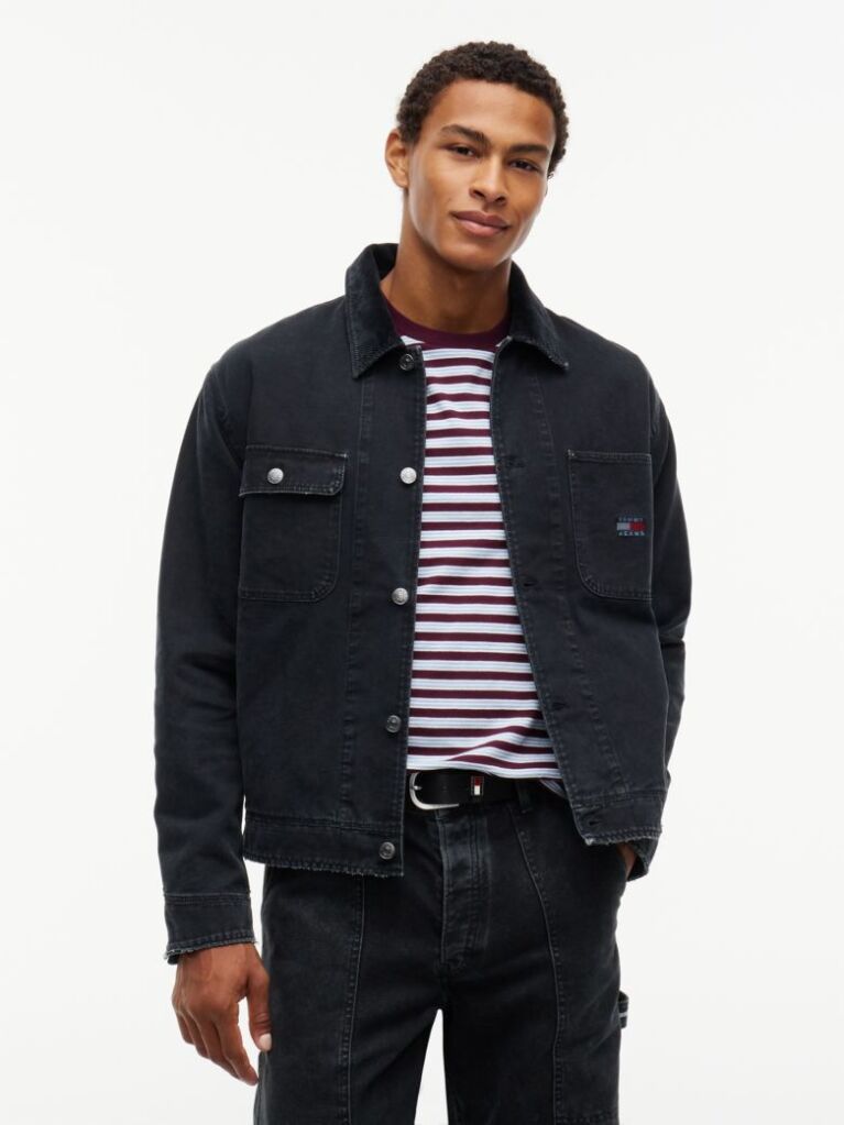 Black Corduroy Collar Oversized Canvas Overshirt  Men