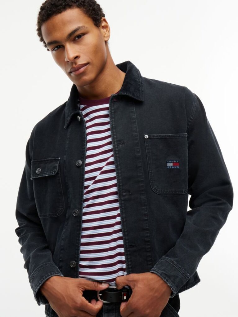 Black Corduroy Collar Oversized Canvas Overshirt  Men