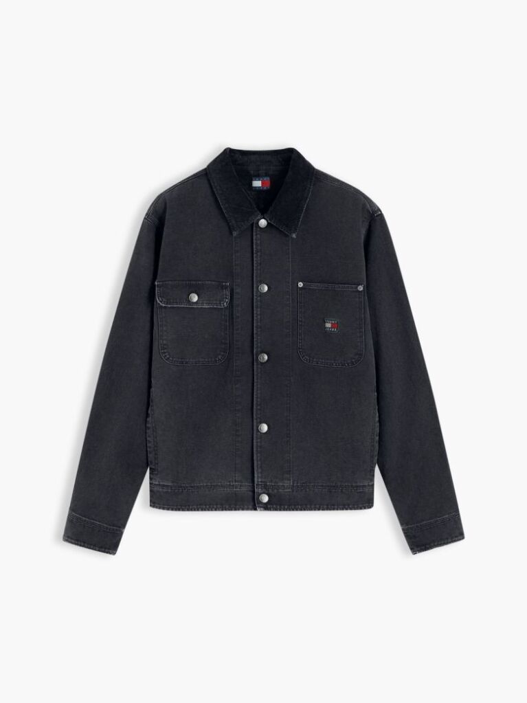 Black Corduroy Collar Oversized Canvas Overshirt  Men