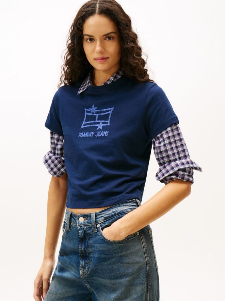 Μπλε Κοντομάνικο T-Shirt Σε Κανονική Γραμμή Με Λογότυπο  Γυναίκες