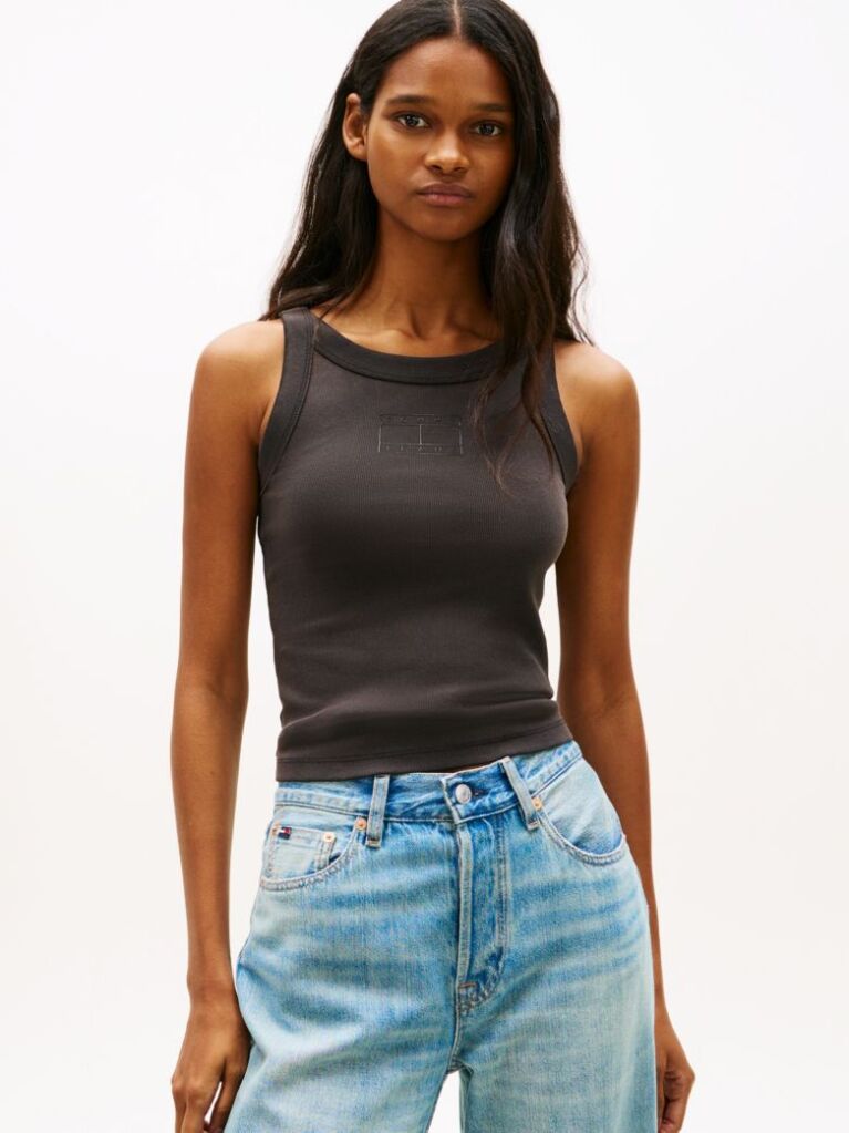 Black Ribbed Tonal Logo Slim Tank Top  Women