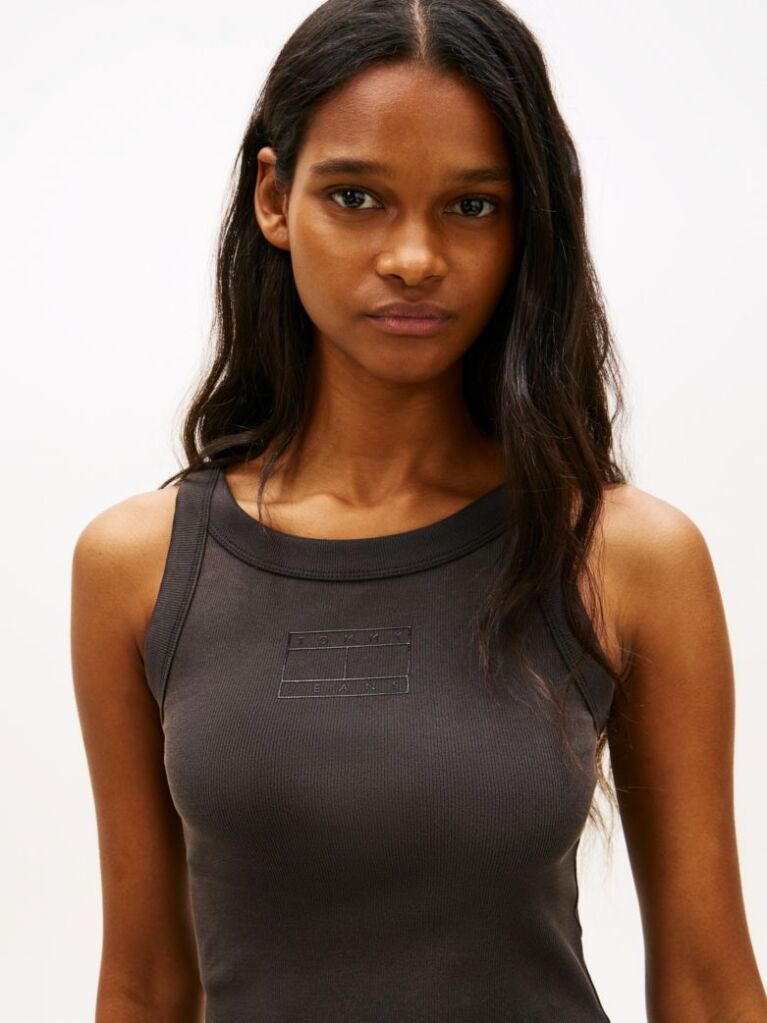 Black Ribbed Tonal Logo Slim Tank Top  Women
