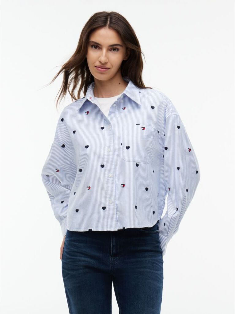 Blue Festive Heart Embroidery Cropped Oxford Shirt  Women