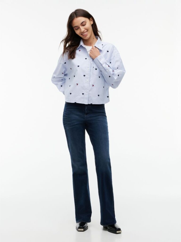 Blue Festive Heart Embroidery Cropped Oxford Shirt  Women