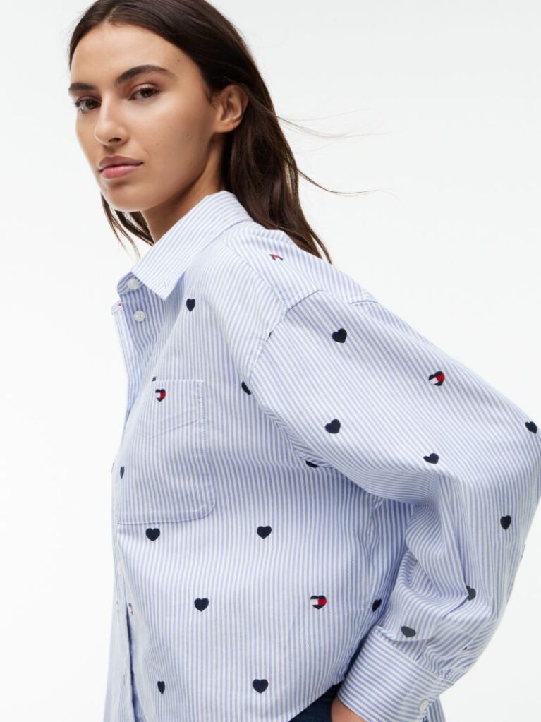 Blue Festive Heart Embroidery Cropped Oxford Shirt  Women