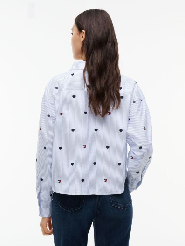 Blue Festive Heart Embroidery Cropped Oxford Shirt  Women
