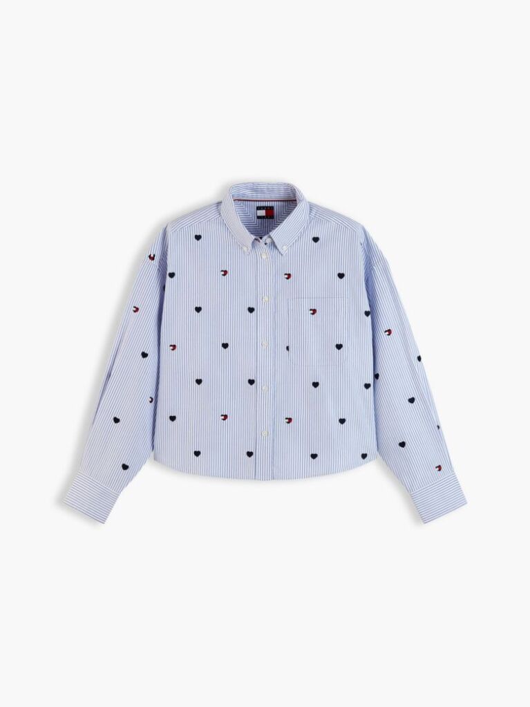 Blue Festive Heart Embroidery Cropped Oxford Shirt  Women