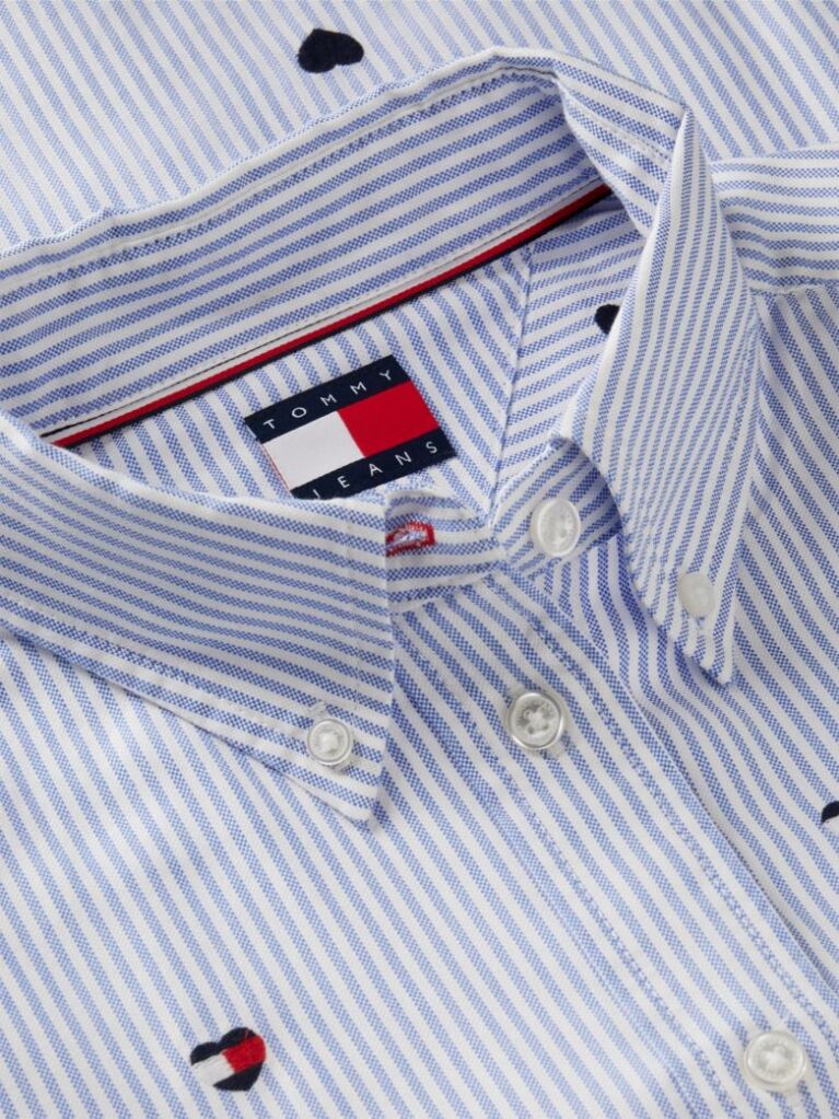 Blue Festive Heart Embroidery Cropped Oxford Shirt  Women