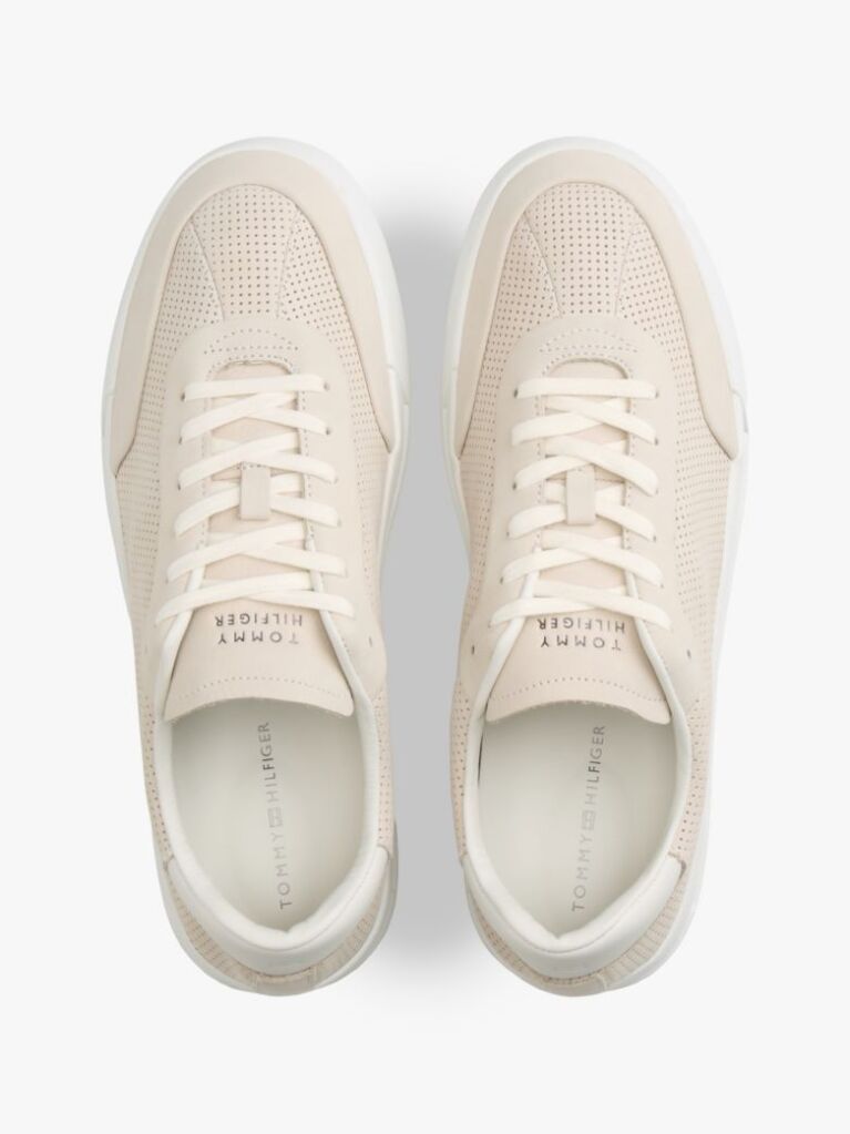 Beige Ventilation Detail Leather Court Trainers  Men