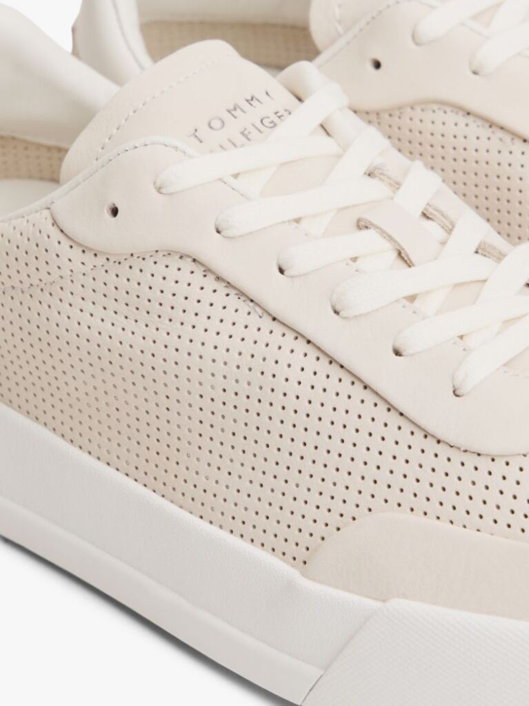Beige Ventilation Detail Leather Court Trainers  Men