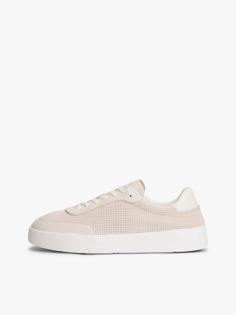 Beige Ventilation Detail Leather Court Trainers  Men