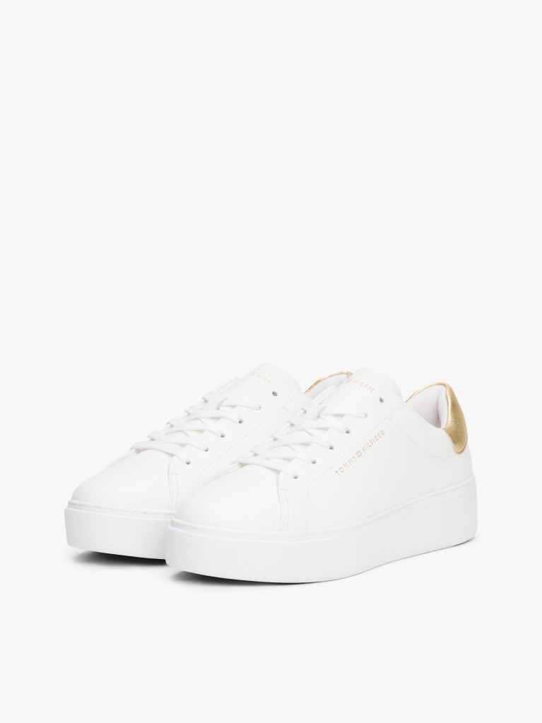 White Leather Metallic Platform Court Trainers  Women