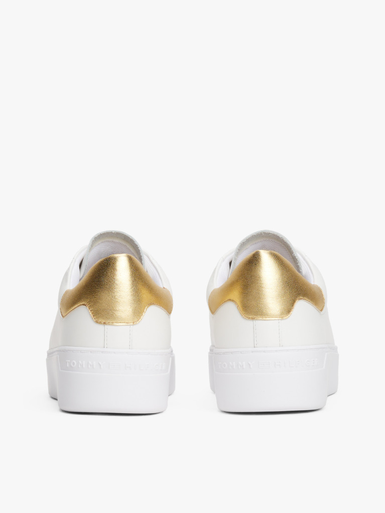 White Leather Metallic Platform Court Trainers  Women