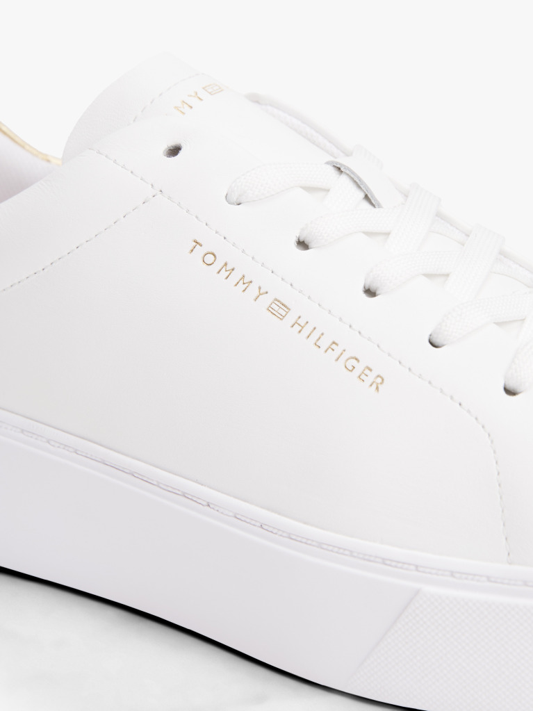 White Leather Metallic Platform Court Trainers  Women
