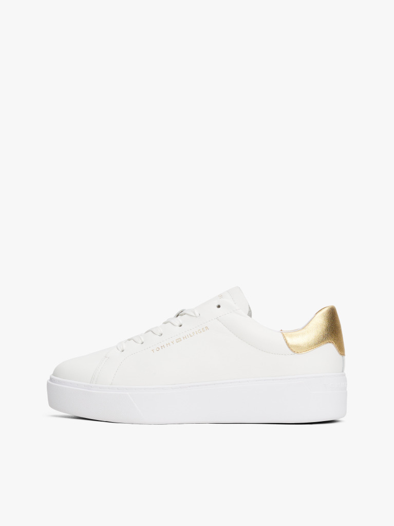 White Leather Metallic Platform Court Trainers  Women