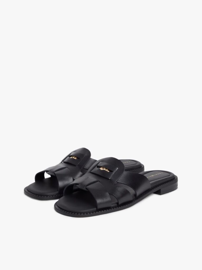 Black Leather Crest Square Toe Sandals  Women