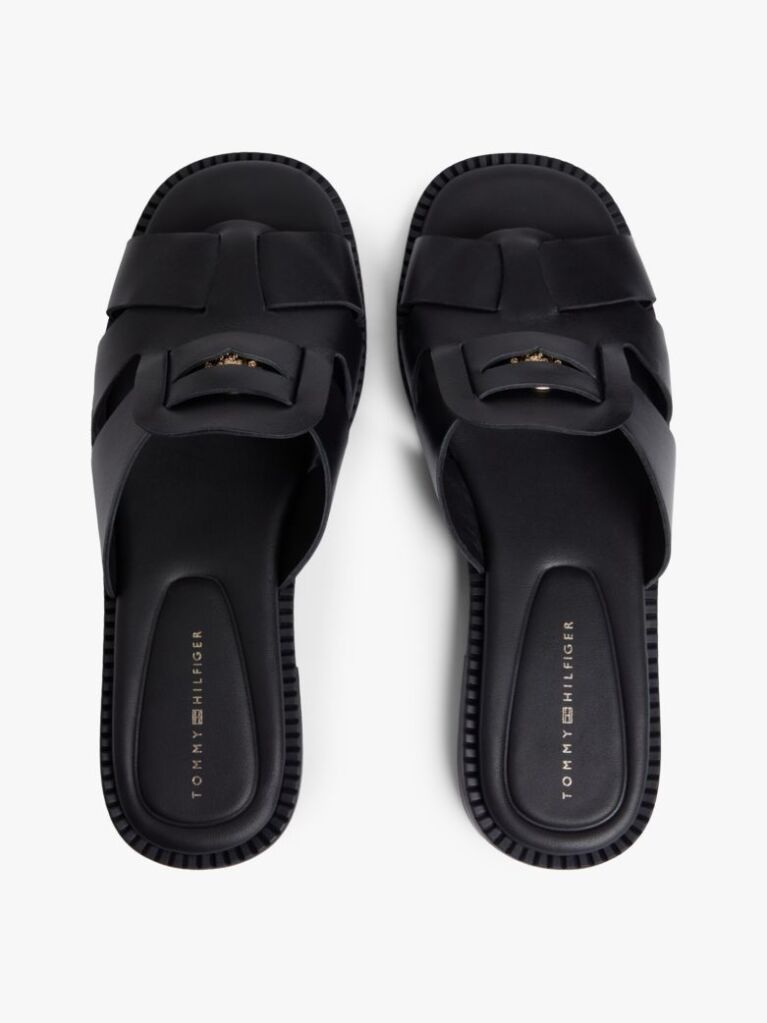 Black Leather Crest Square Toe Sandals  Women