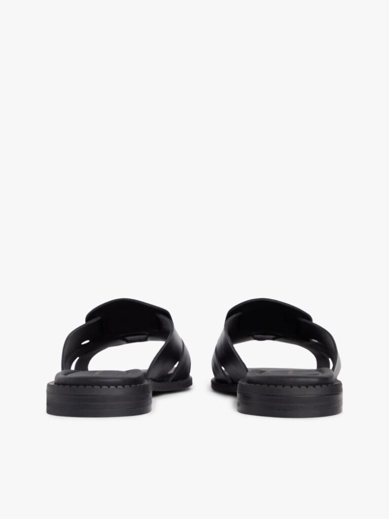 Black Leather Crest Square Toe Sandals  Women