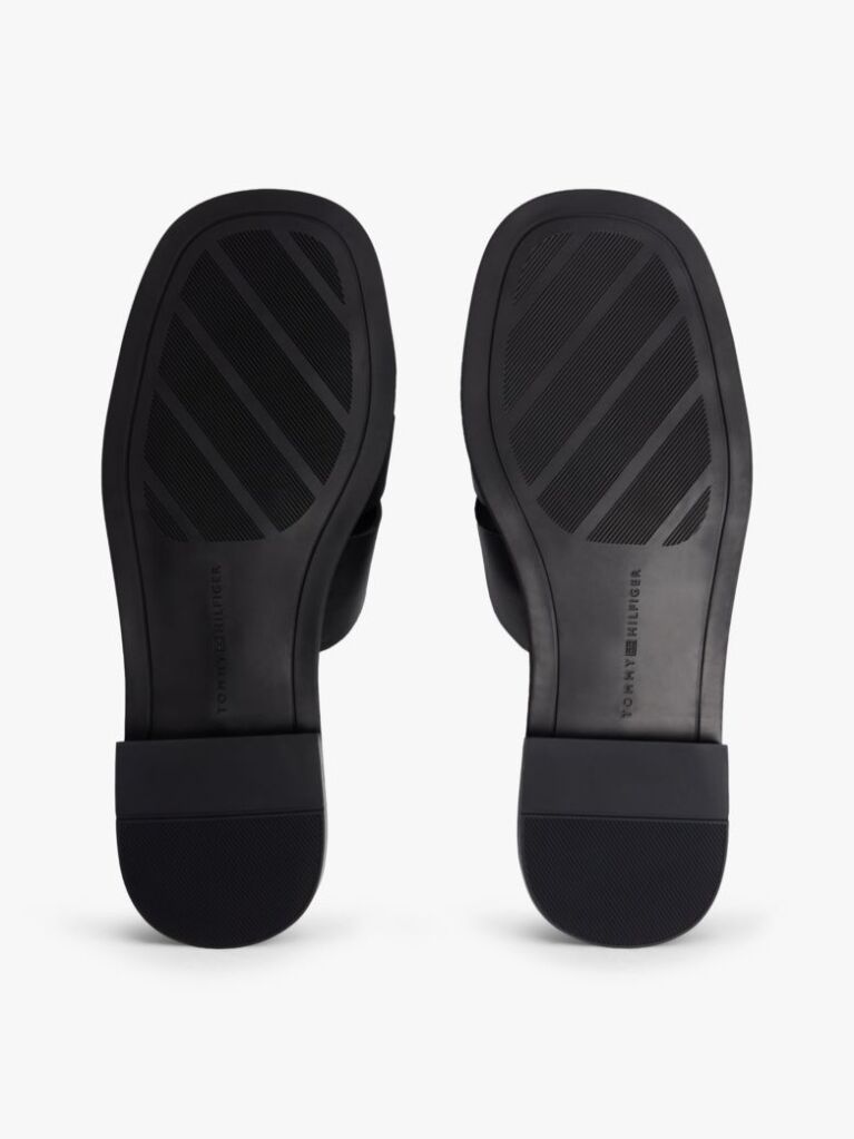 Black Leather Crest Square Toe Sandals  Women