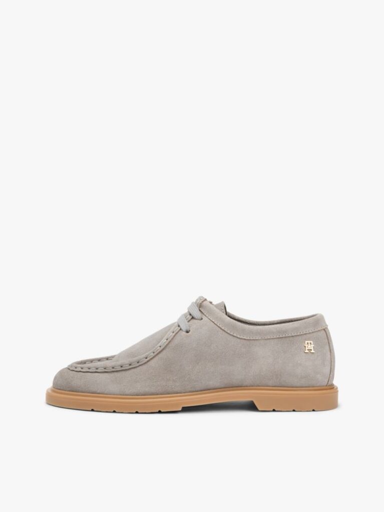 Grey TH Monogram Suede Moc Toe Loafers  Women