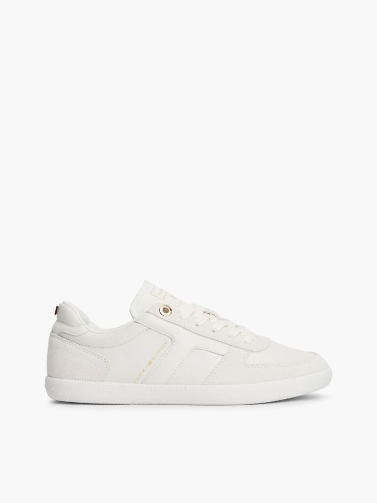 Beige Leather Mixed Texture Enamel Flag Sneakers  Women
