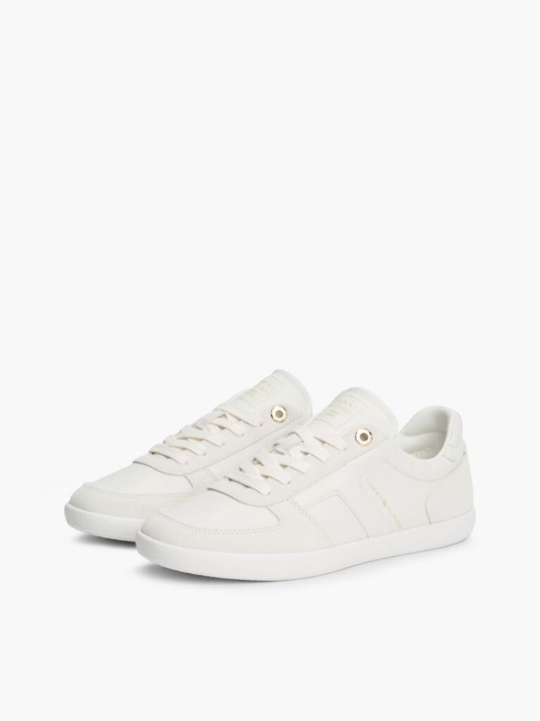 Beige Leather Mixed Texture Enamel Flag Sneakers  Women