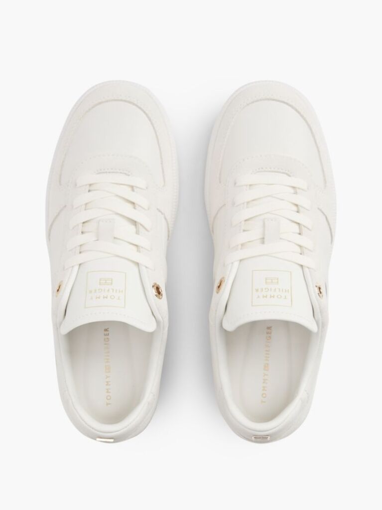 Beige Leather Mixed Texture Enamel Flag Sneakers  Women