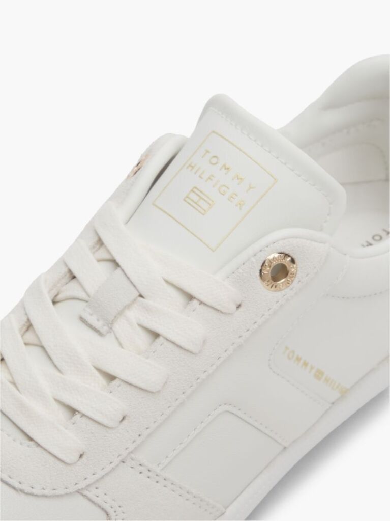 Beige Leather Mixed Texture Enamel Flag Sneakers  Women