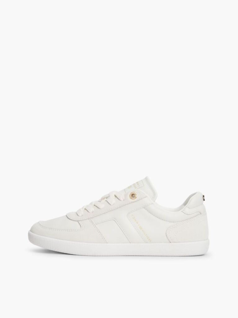 Beige Leather Mixed Texture Enamel Flag Sneakers  Women