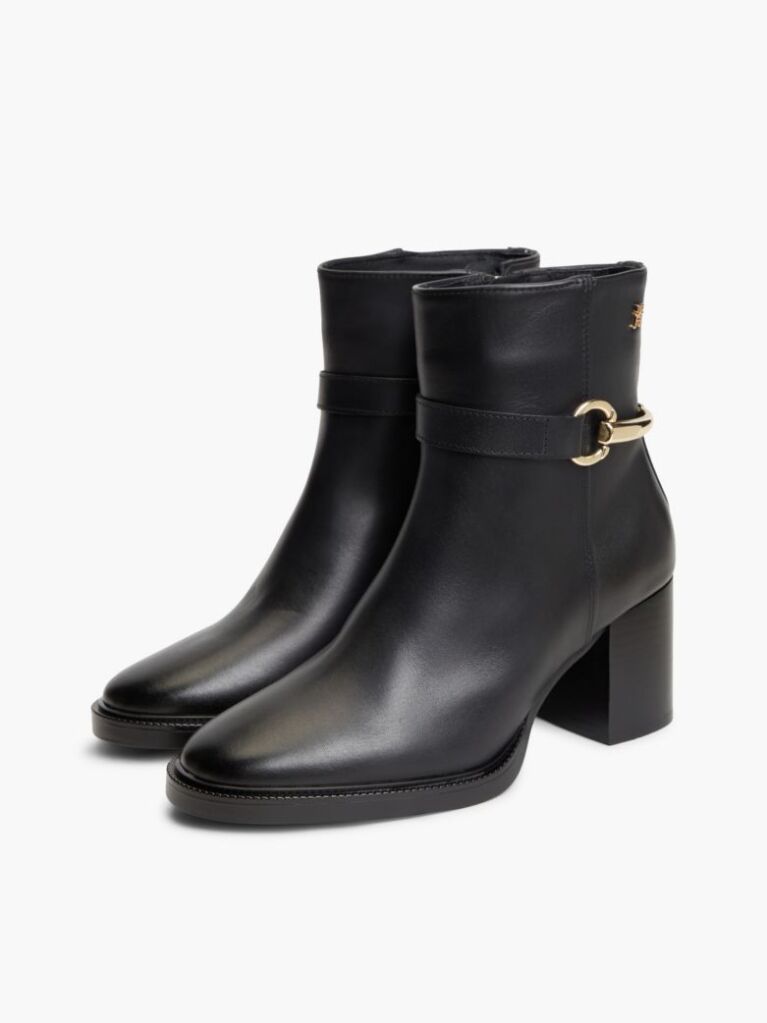 Black Block Heel Leather Riding Ankle Boots  Women