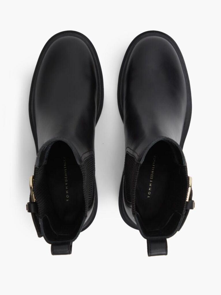 Black Leather Buckle Block Heel Chelsea Boots  Women