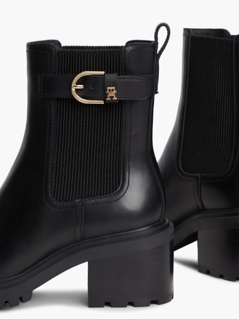 Black Leather Buckle Block Heel Chelsea Boots  Women