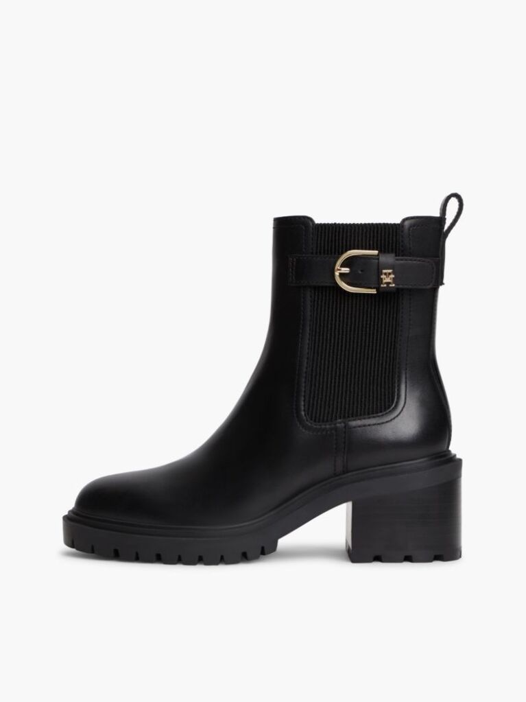 Black Leather Buckle Block Heel Chelsea Boots  Women