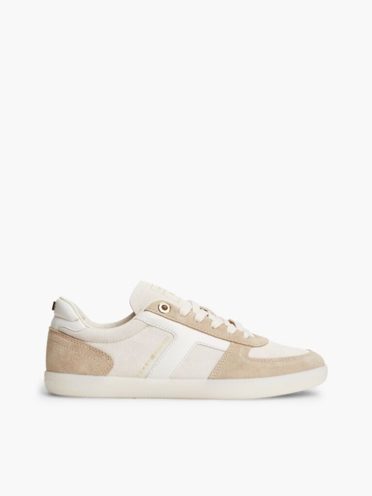 Beige Suede Mixed Texture Enamel Flag Sneakers  Women