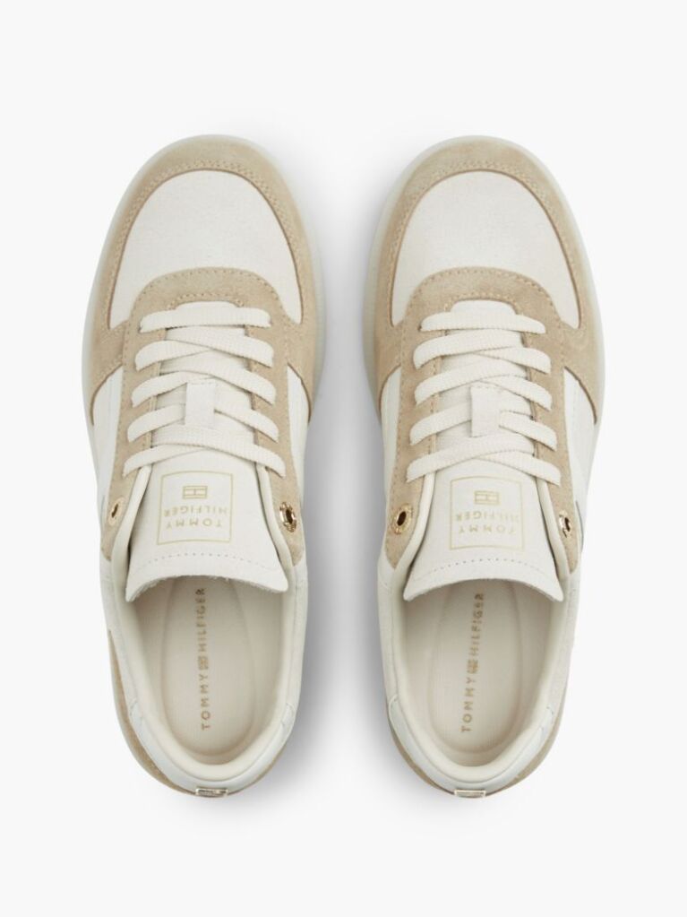 Beige Suede Mixed Texture Enamel Flag Sneakers  Women