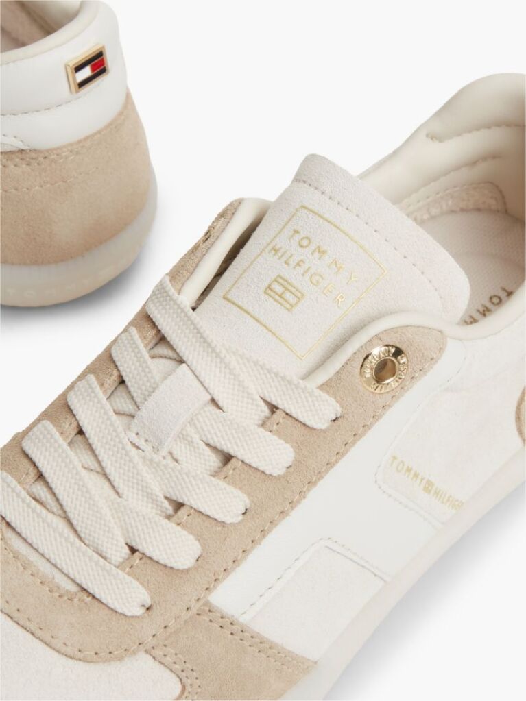 Beige Suede Mixed Texture Enamel Flag Sneakers  Women