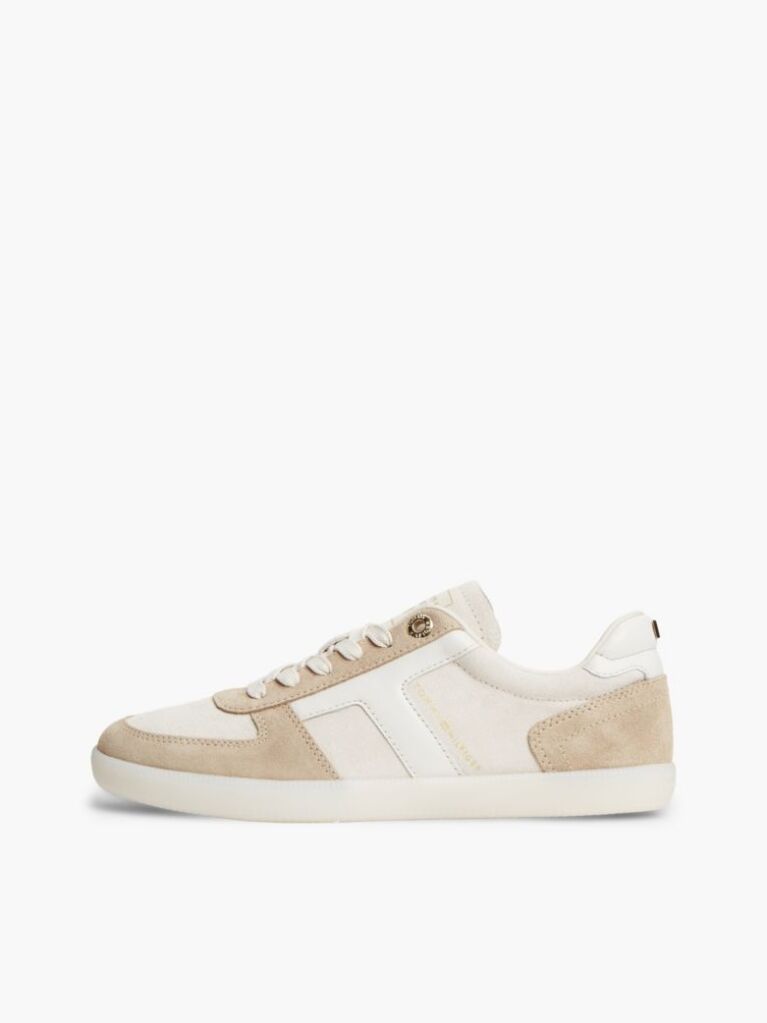 Beige Suede Mixed Texture Enamel Flag Sneakers  Women