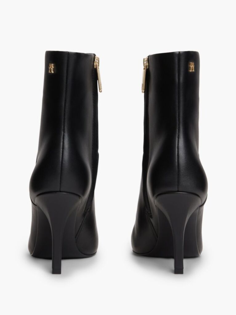 Black Leather Pointed Toe Heeled Ankle Boots  Women