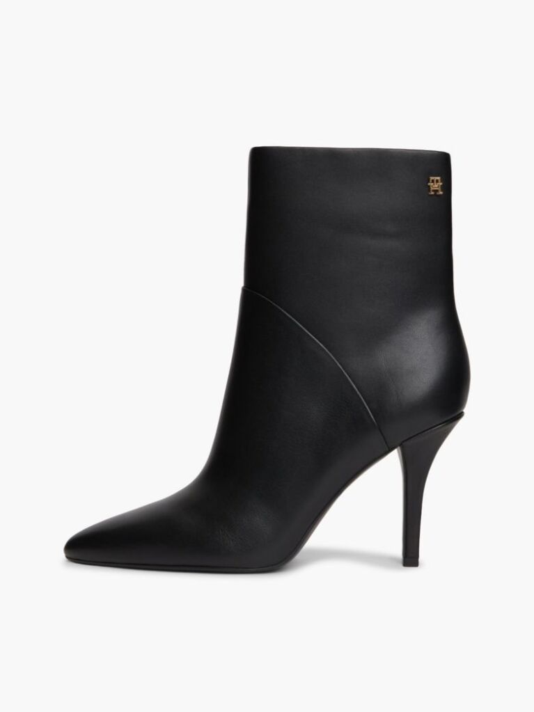 Black Leather Pointed Toe Heeled Ankle Boots  Women
