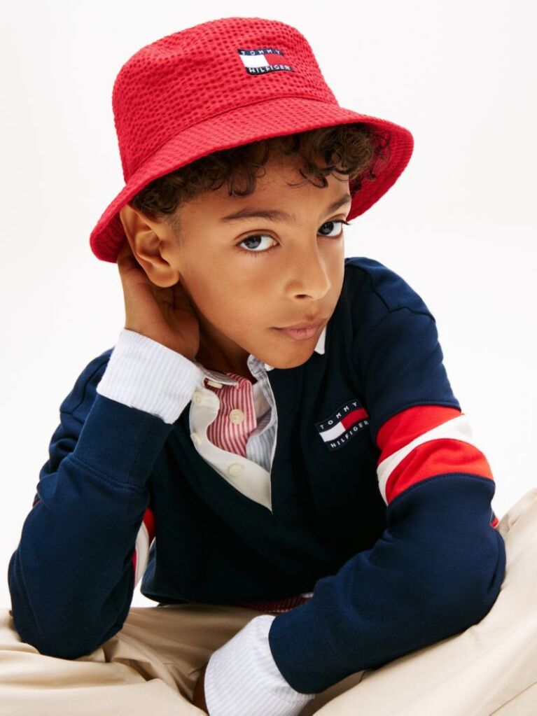 Red Kids' Wavy Flag Seersucker Bucket Hat  Kids Unisex
