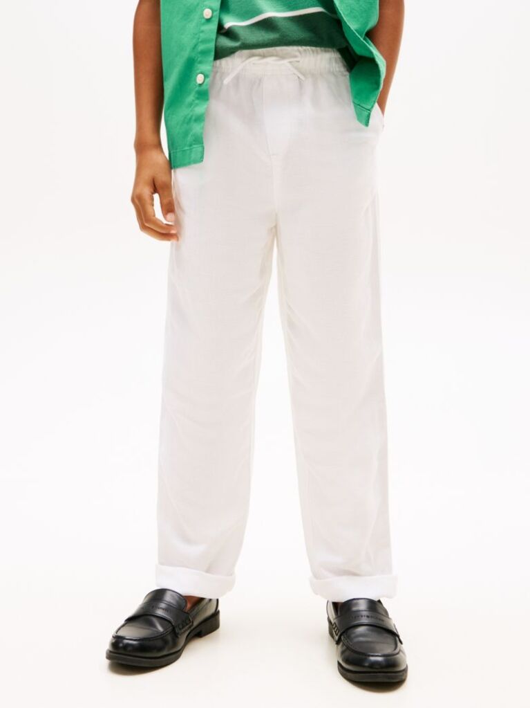 White Linen Blend Drawstring Trousers  Boys