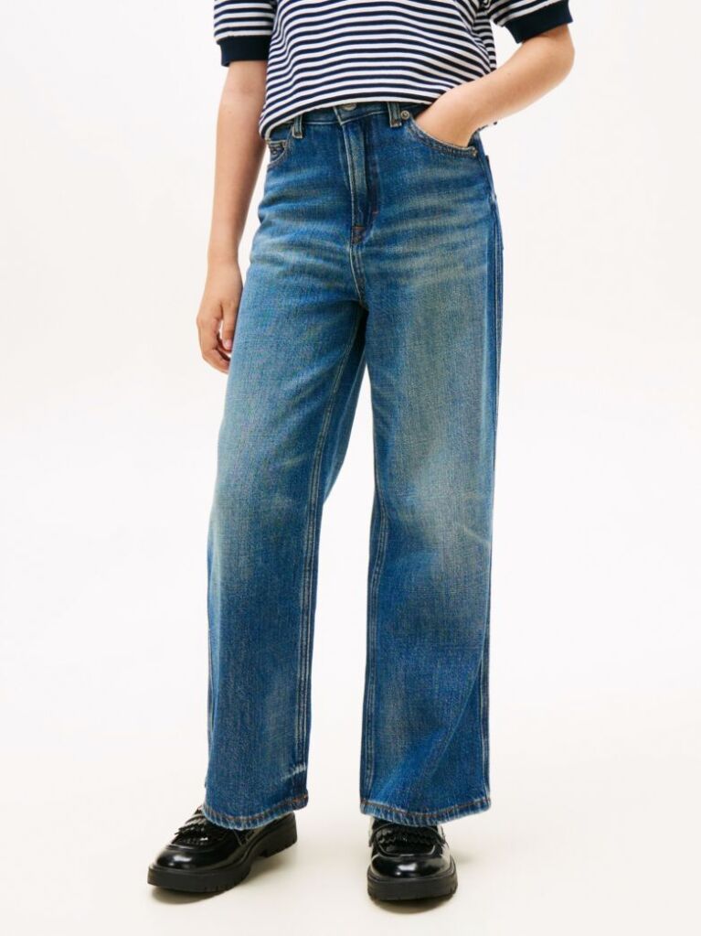 Blue Logo Embroidery Vintage Wash Faded Jeans  Girls