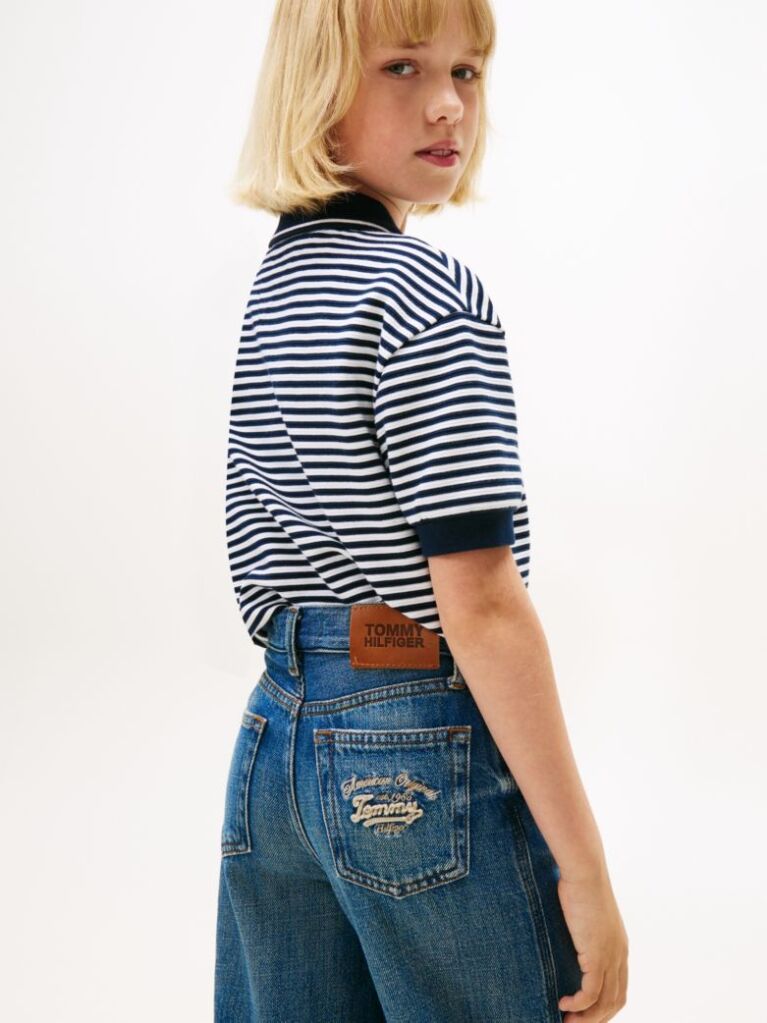 Blue Logo Embroidery Vintage Wash Faded Jeans  Girls