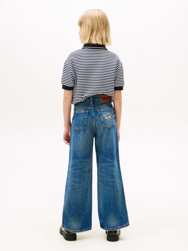 Blue Logo Embroidery Vintage Wash Faded Jeans  Girls