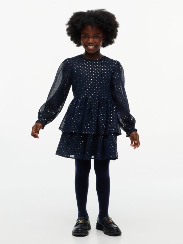 Blue Metallic Polka Dot Tiered Dress  Girls