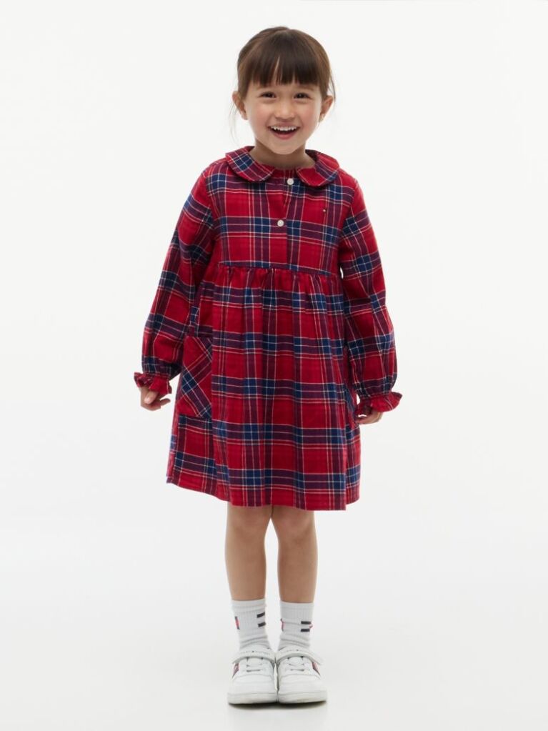 Multi Check Flag Embroidery Ruffle Cuff Dress  Girls