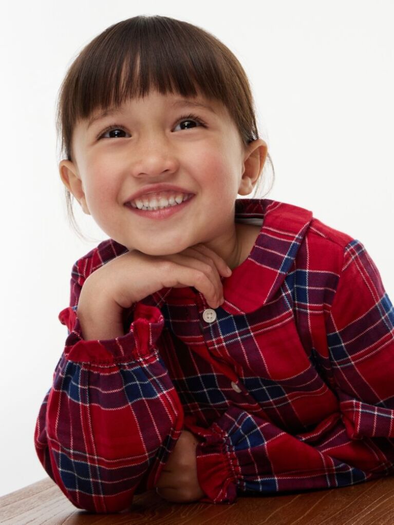 Multi Check Flag Embroidery Ruffle Cuff Dress  Girls