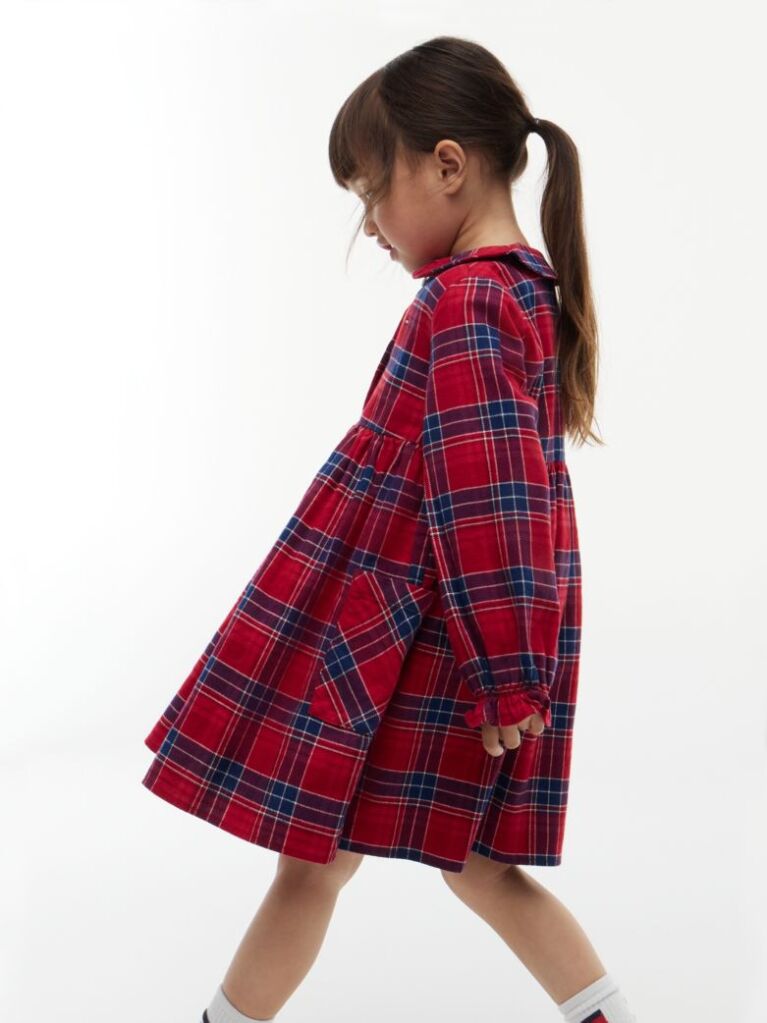 Multi Check Flag Embroidery Ruffle Cuff Dress  Girls