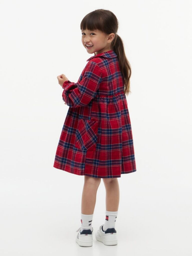 Multi Check Flag Embroidery Ruffle Cuff Dress  Girls