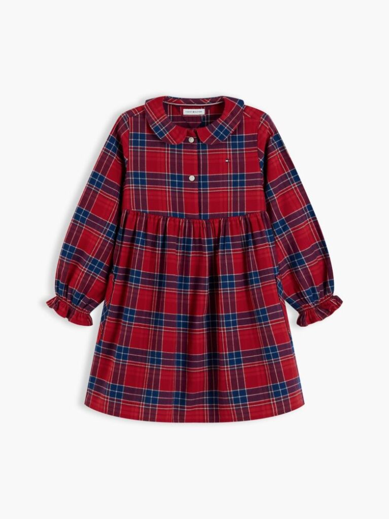 Multi Check Flag Embroidery Ruffle Cuff Dress  Girls